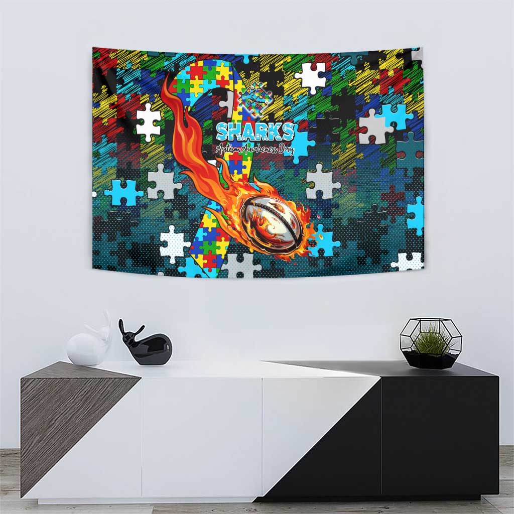 Sharks Autism Awareness Tapestry Puzzle Flames Rugby Ball