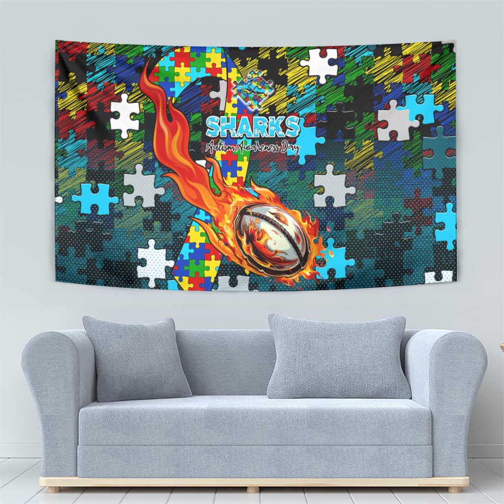 Sharks Autism Awareness Tapestry Puzzle Flames Rugby Ball
