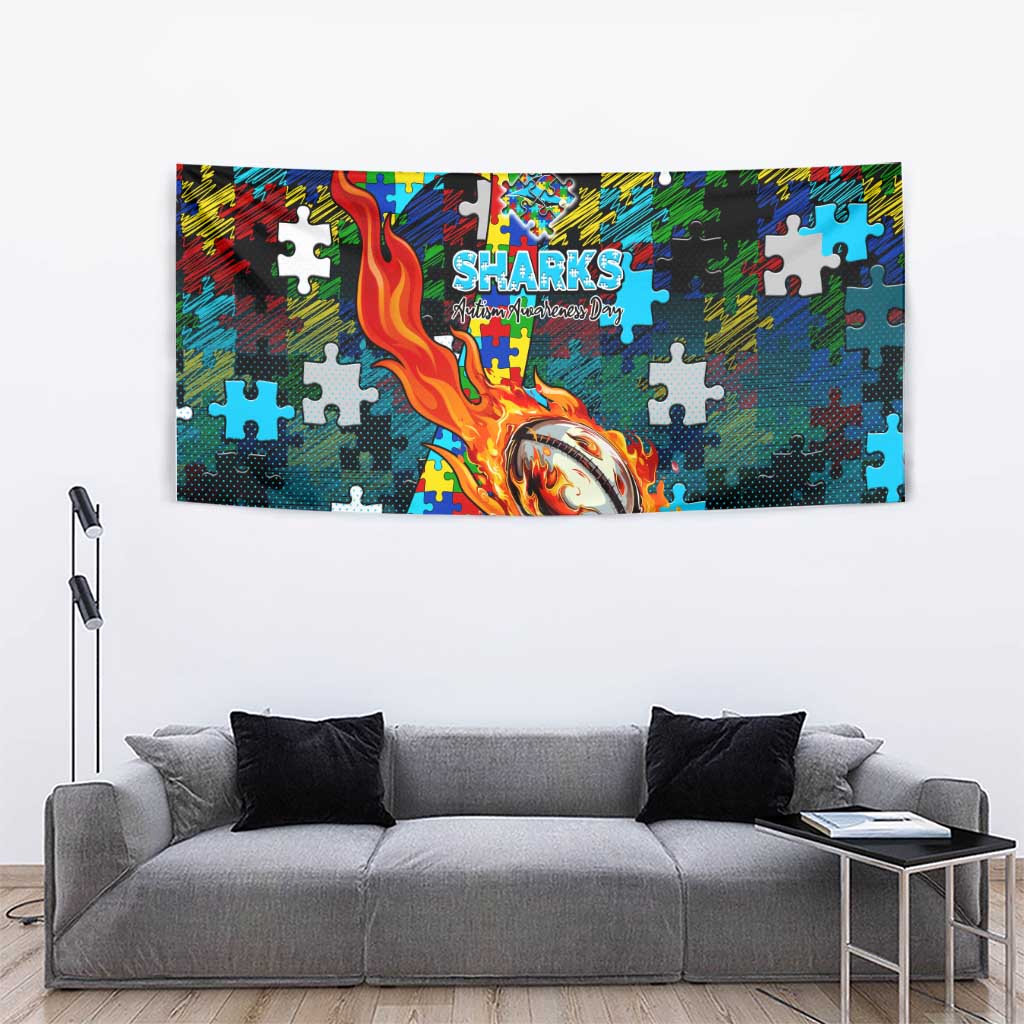 Sharks Autism Awareness Tapestry Puzzle Flames Rugby Ball