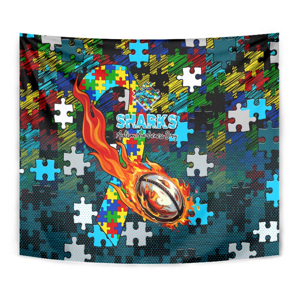Sharks Autism Awareness Tapestry Puzzle Flames Rugby Ball