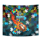 Sharks Autism Awareness Tapestry Puzzle Flames Rugby Ball