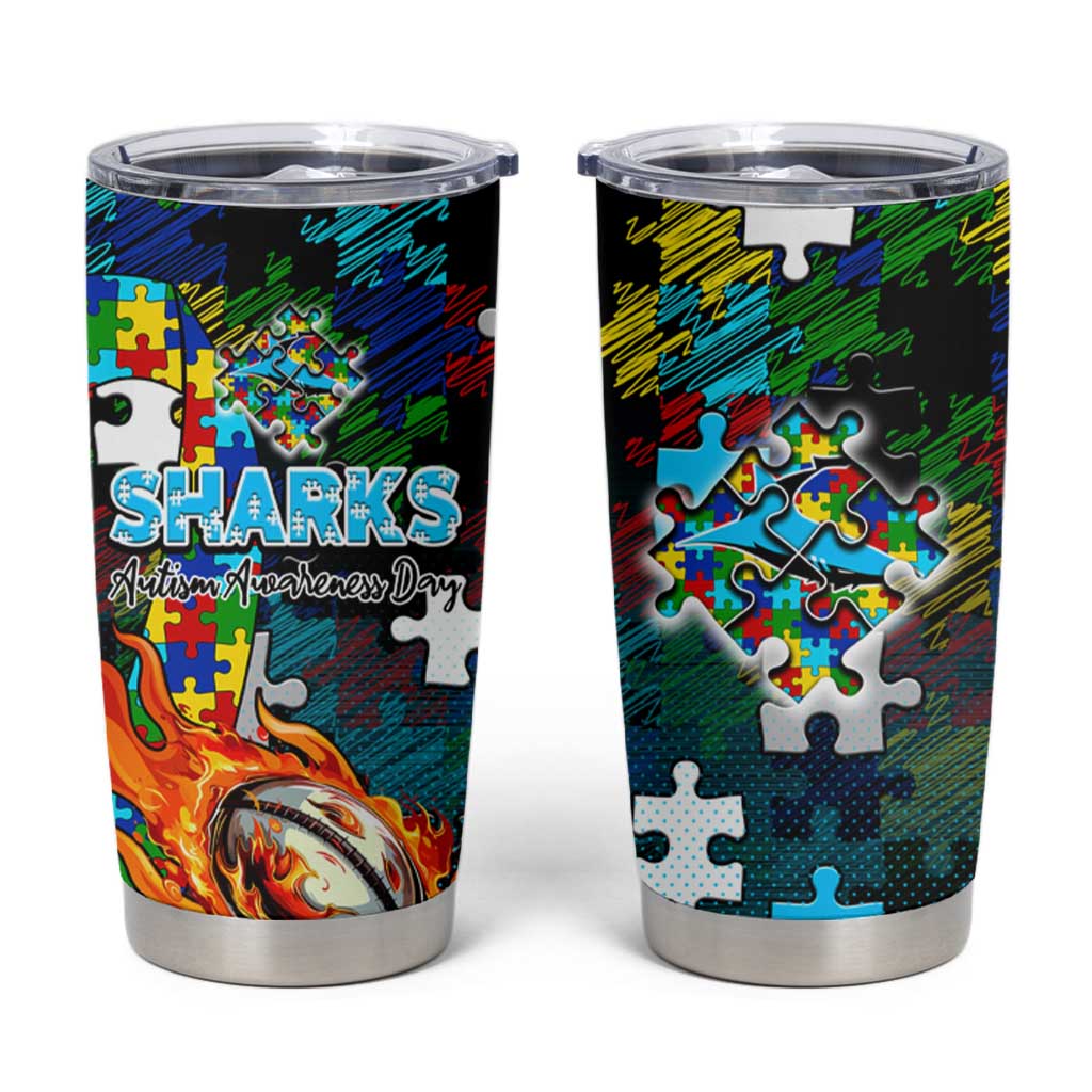 Sharks Autism Awareness Tumbler Cup Puzzle Flames Rugby Ball