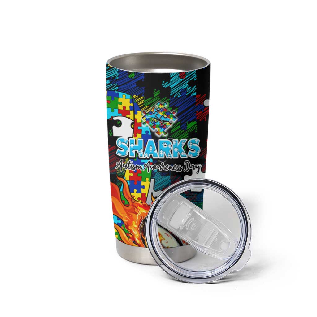 Sharks Autism Awareness Tumbler Cup Puzzle Flames Rugby Ball