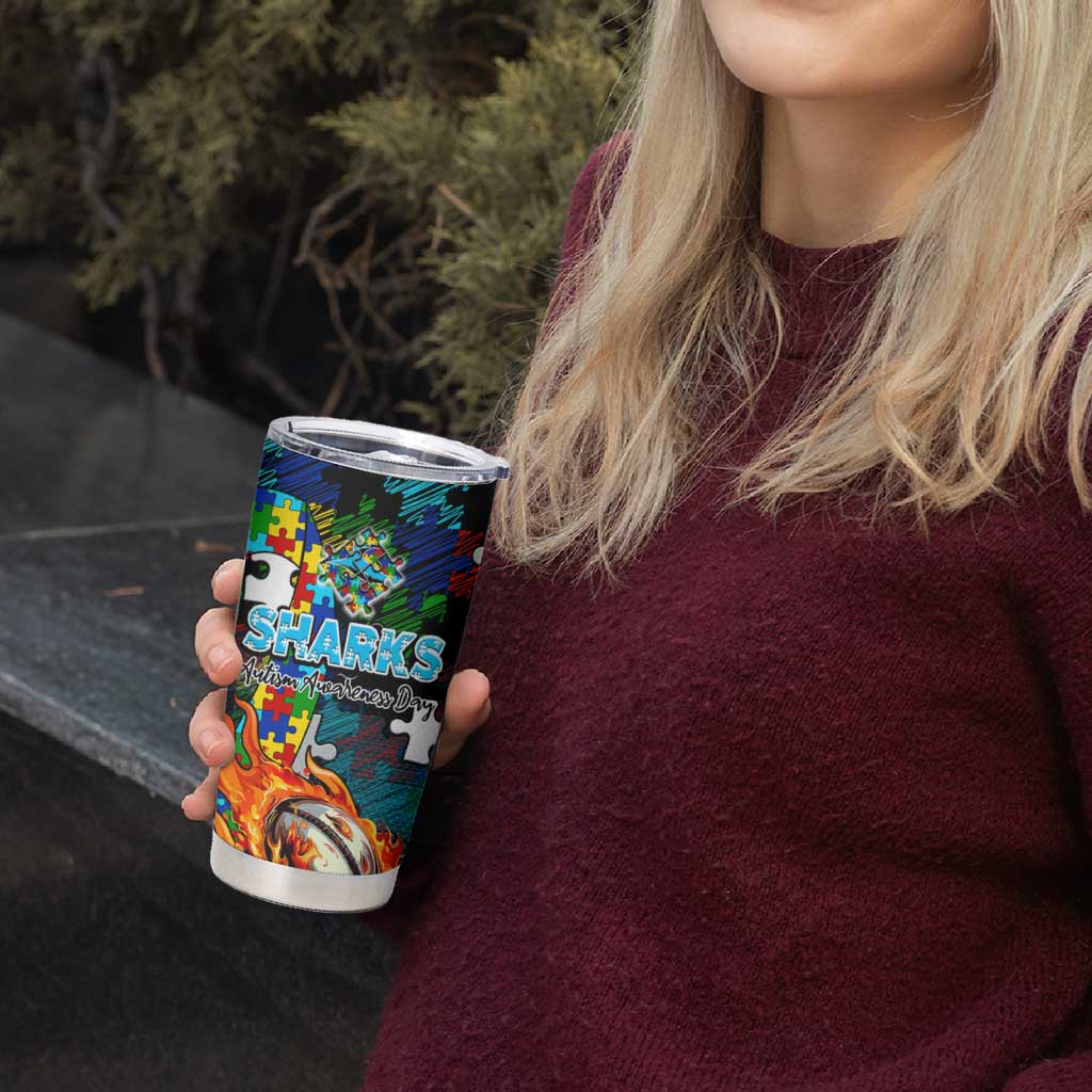 Sharks Autism Awareness Tumbler Cup Puzzle Flames Rugby Ball