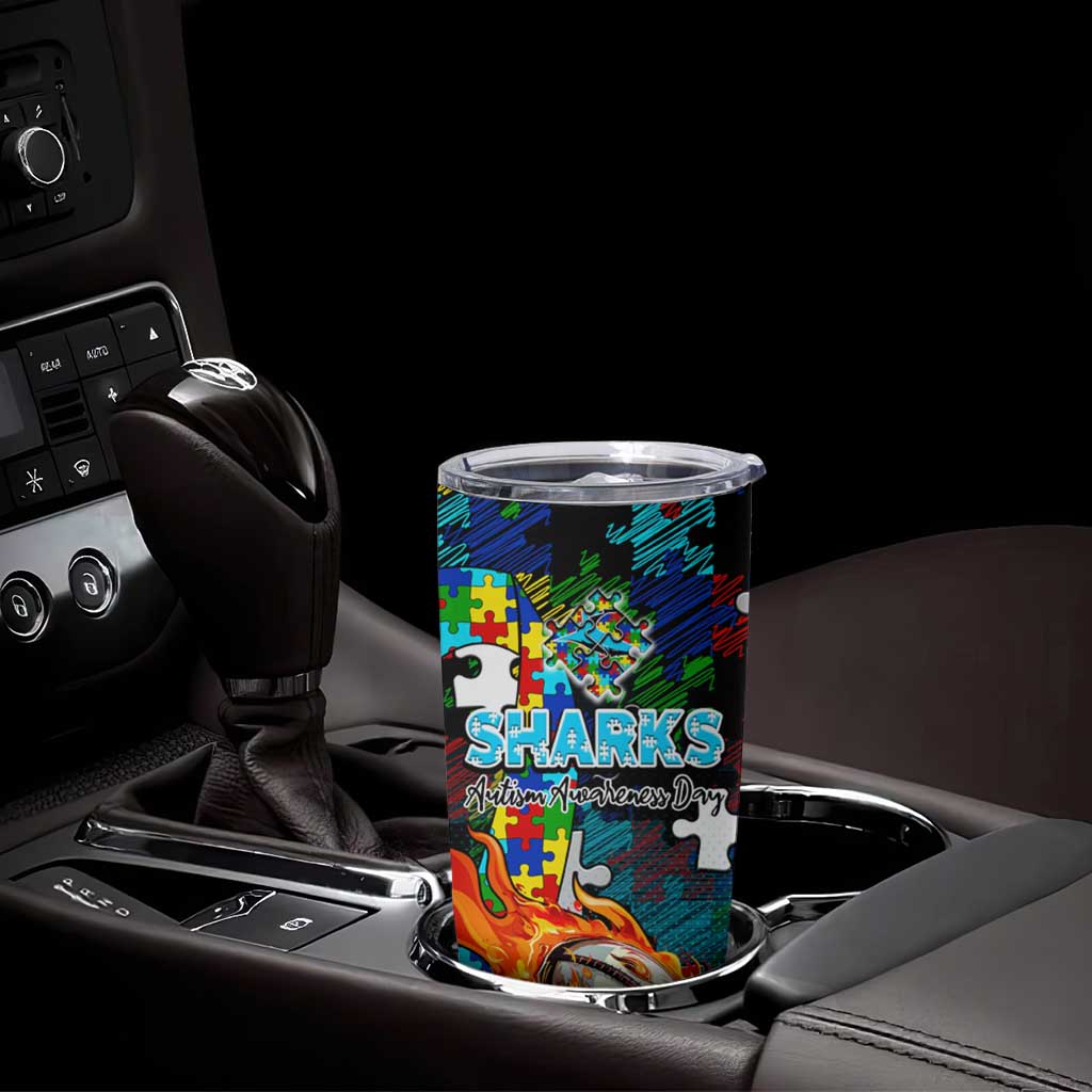 Sharks Autism Awareness Tumbler Cup Puzzle Flames Rugby Ball
