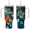 Sharks Autism Awareness Tumbler With Handle Puzzle Flames Rugby Ball
