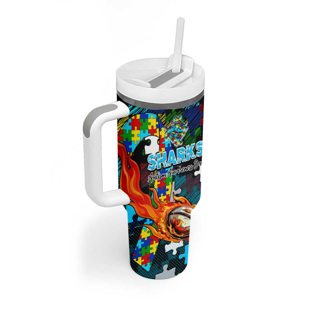 Sharks Autism Awareness Tumbler With Handle Puzzle Flames Rugby Ball