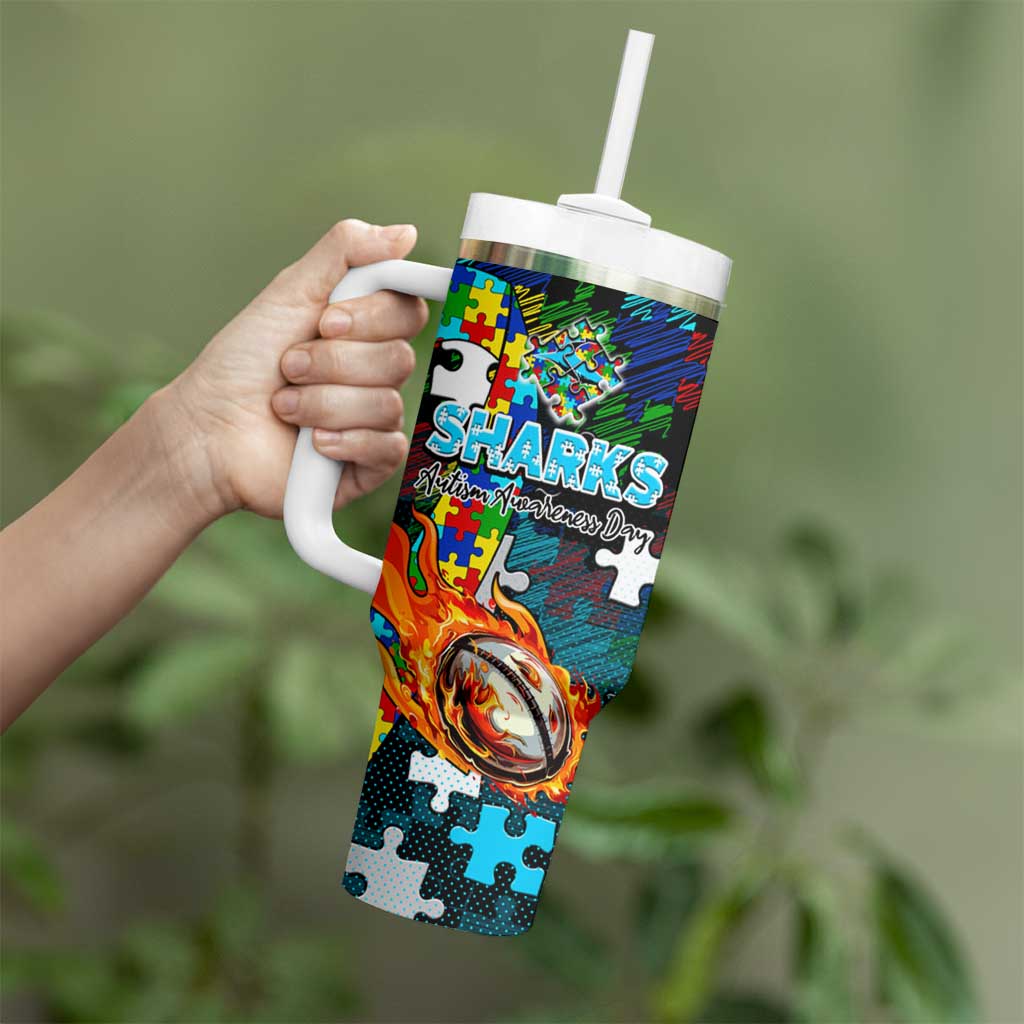 Sharks Autism Awareness Tumbler With Handle Puzzle Flames Rugby Ball