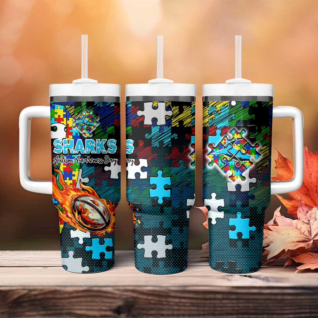 Sharks Autism Awareness Tumbler With Handle Puzzle Flames Rugby Ball