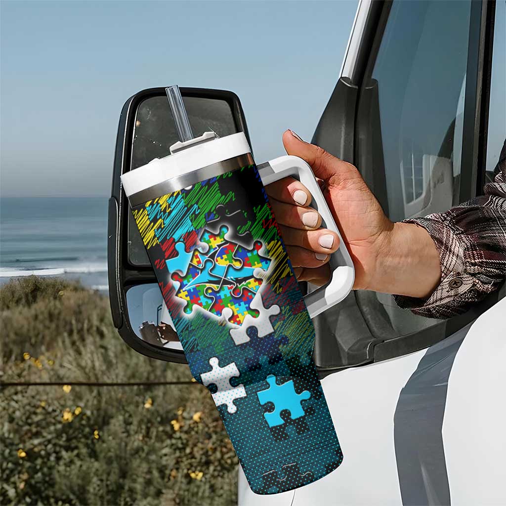 Sharks Autism Awareness Tumbler With Handle Puzzle Flames Rugby Ball