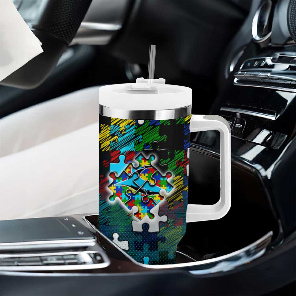 Sharks Autism Awareness Tumbler With Handle Puzzle Flames Rugby Ball