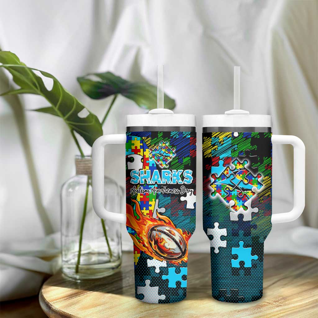 Sharks Autism Awareness Tumbler With Handle Puzzle Flames Rugby Ball