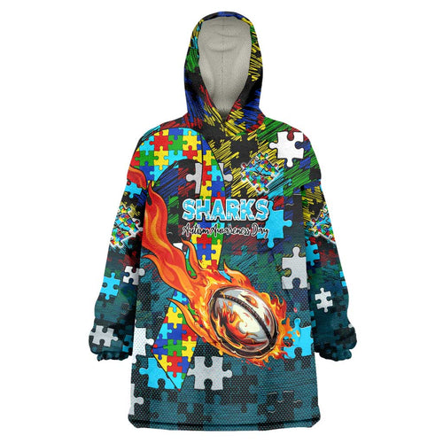 Sharks Autism Awareness Wearable Blanket Hoodie Puzzle Flames Rugby Ball
