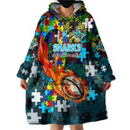 Sharks Autism Awareness Wearable Blanket Hoodie Puzzle Flames Rugby Ball