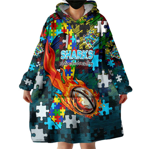 Sharks Autism Awareness Wearable Blanket Hoodie Puzzle Flames Rugby Ball