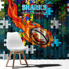Sharks Autism Awareness Window Curtain Puzzle Flames Rugby Ball