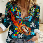 Sharks Autism Awareness Women Casual Shirt Puzzle Flames Rugby Ball