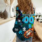 Sharks Autism Awareness Women Casual Shirt Puzzle Flames Rugby Ball