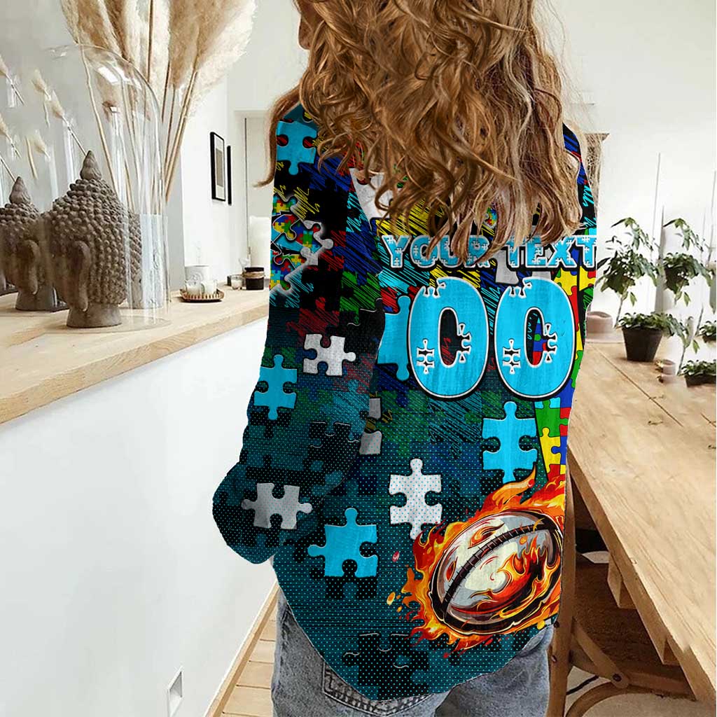 Sharks Autism Awareness Women Casual Shirt Puzzle Flames Rugby Ball