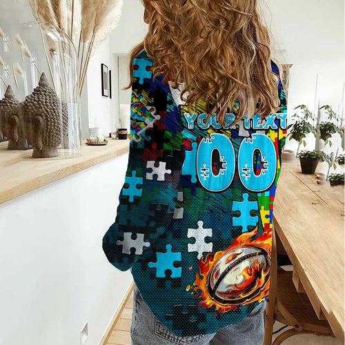 Sharks Autism Awareness Women Casual Shirt Puzzle Flames Rugby Ball