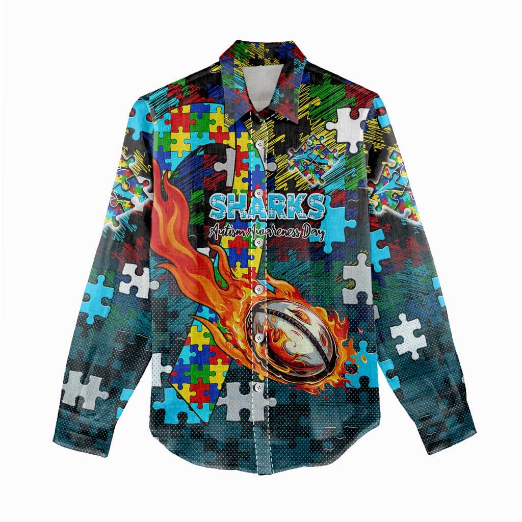Sharks Autism Awareness Women Casual Shirt Puzzle Flames Rugby Ball