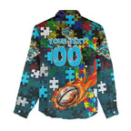 Sharks Autism Awareness Women Casual Shirt Puzzle Flames Rugby Ball