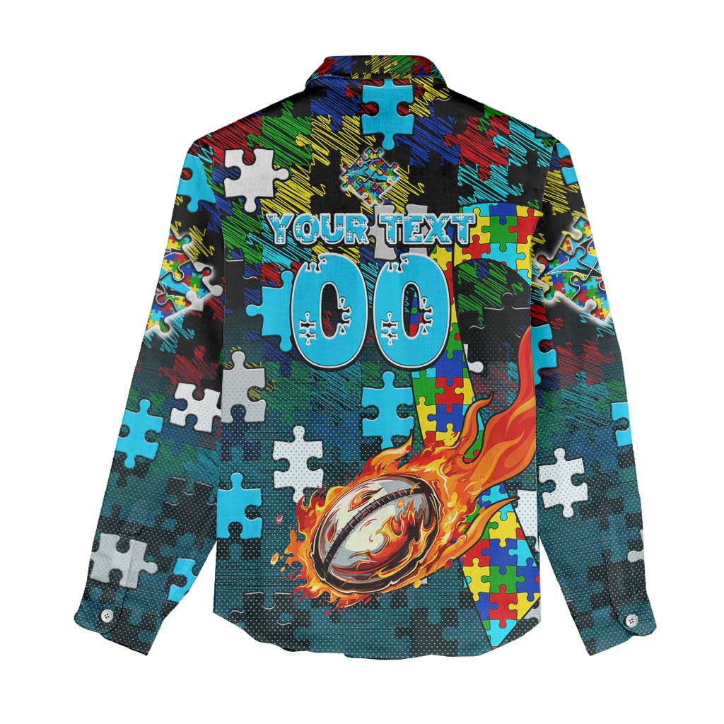 Sharks Autism Awareness Women Casual Shirt Puzzle Flames Rugby Ball