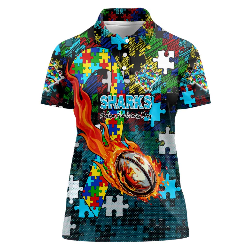 Sharks Autism Awareness Women Polo Shirt Puzzle Flames Rugby Ball