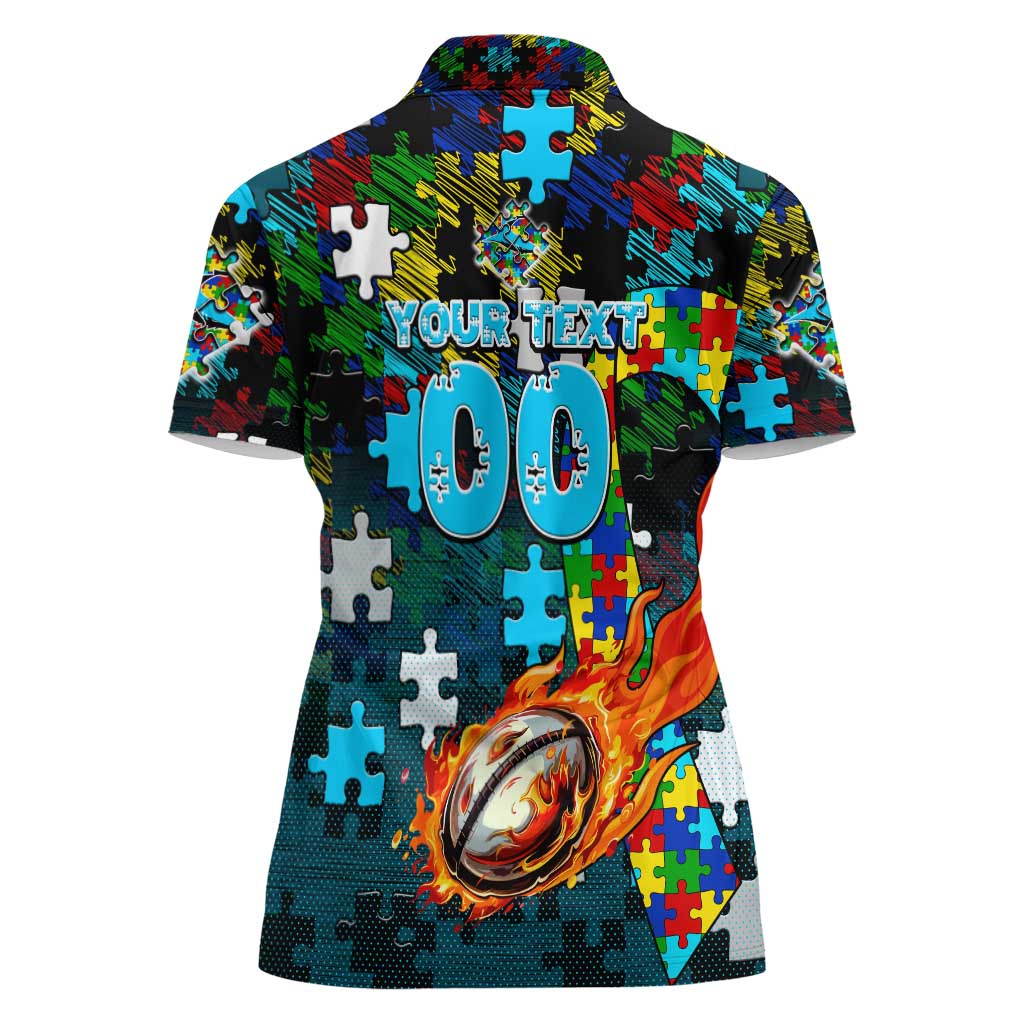 Sharks Autism Awareness Women Polo Shirt Puzzle Flames Rugby Ball