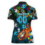 Sharks Autism Awareness Women Polo Shirt Puzzle Flames Rugby Ball