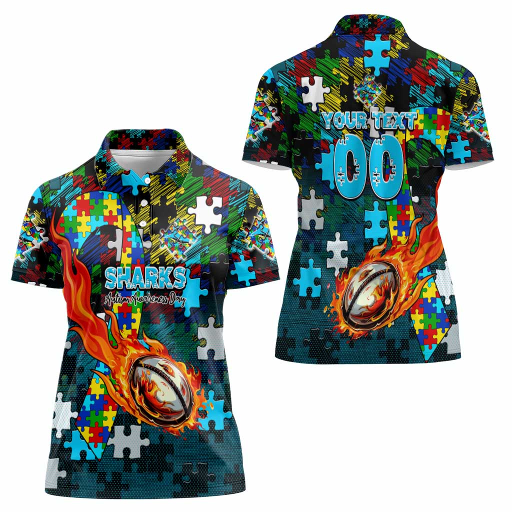 Sharks Autism Awareness Women Polo Shirt Puzzle Flames Rugby Ball