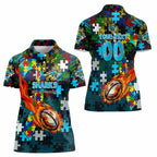 Sharks Autism Awareness Women Polo Shirt Puzzle Flames Rugby Ball
