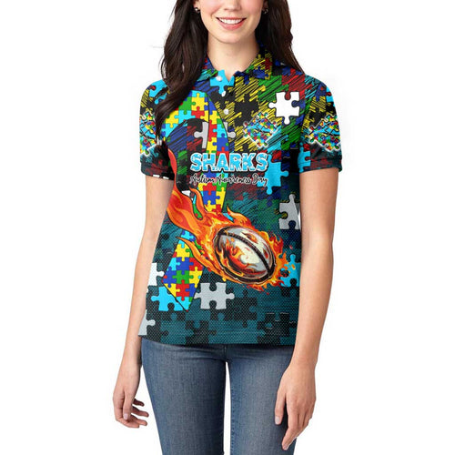 Sharks Autism Awareness Women Polo Shirt Puzzle Flames Rugby Ball