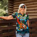 Sharks Autism Awareness Women Polo Shirt Puzzle Flames Rugby Ball
