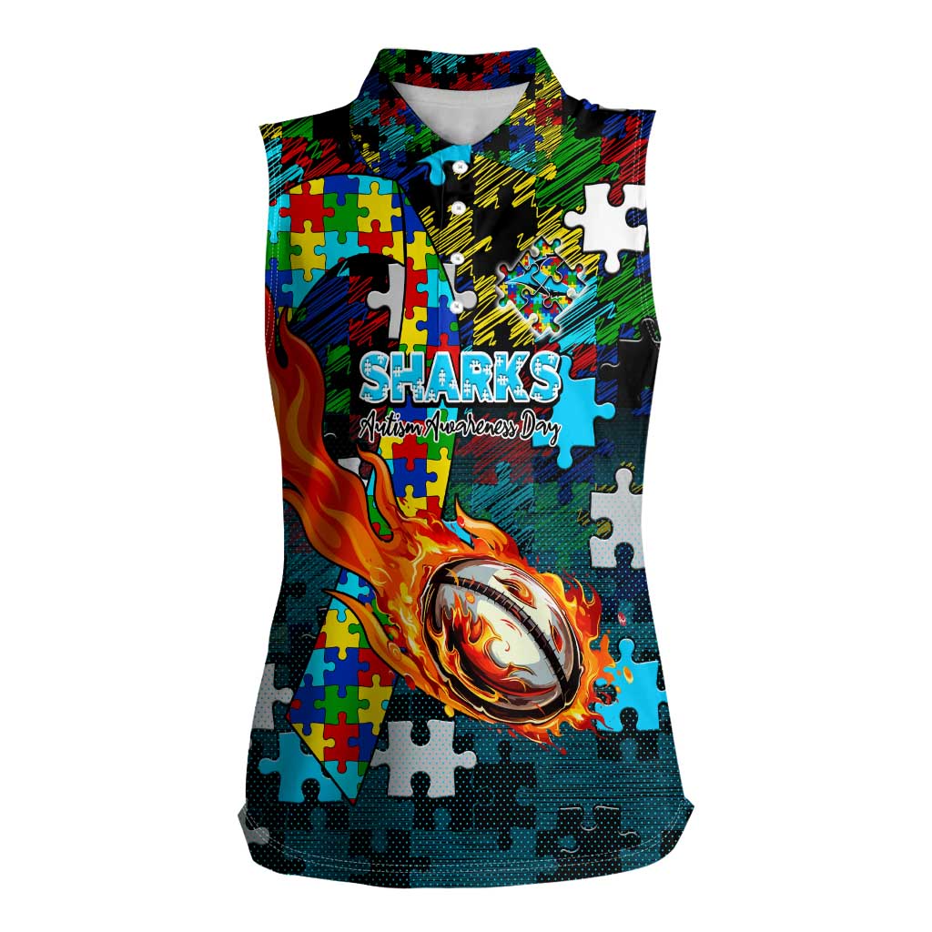 Sharks Autism Awareness Women Sleeveless Polo Shirt Puzzle Flames Rugby Ball