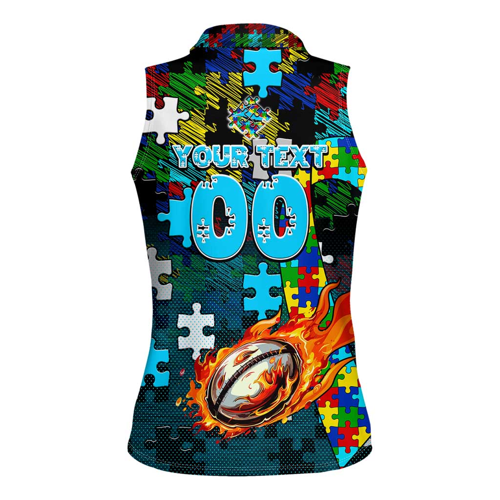 Sharks Autism Awareness Women Sleeveless Polo Shirt Puzzle Flames Rugby Ball