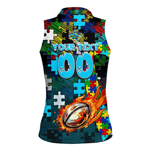 Sharks Autism Awareness Women Sleeveless Polo Shirt Puzzle Flames Rugby Ball