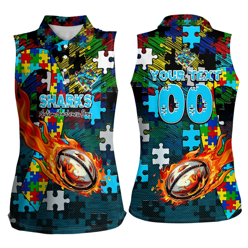 Sharks Autism Awareness Women Sleeveless Polo Shirt Puzzle Flames Rugby Ball