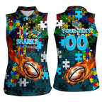 Sharks Autism Awareness Women Sleeveless Polo Shirt Puzzle Flames Rugby Ball