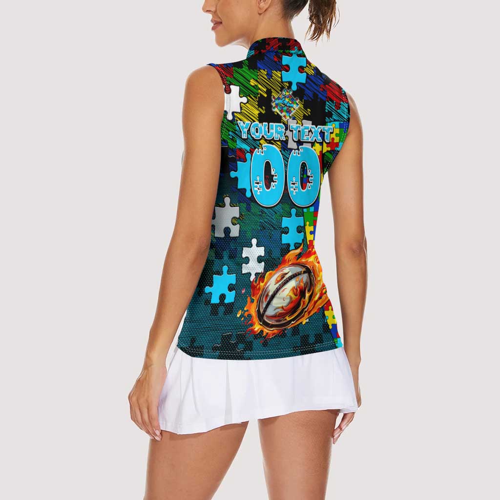 Sharks Autism Awareness Women Sleeveless Polo Shirt Puzzle Flames Rugby Ball