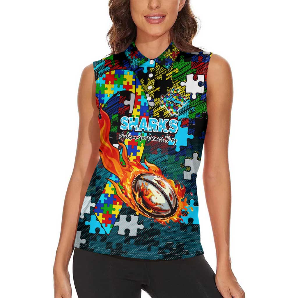 Sharks Autism Awareness Women Sleeveless Polo Shirt Puzzle Flames Rugby Ball