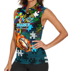 Sharks Autism Awareness Women Sleeveless Polo Shirt Puzzle Flames Rugby Ball