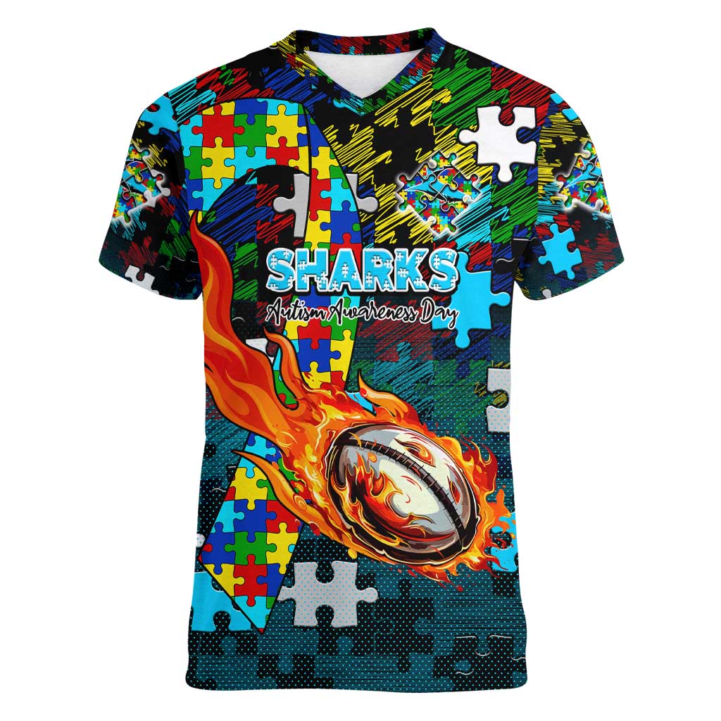 Sharks Autism Awareness Women V-Neck T-Shirt Puzzle Flames Rugby Ball