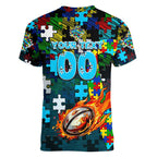 Sharks Autism Awareness Women V-Neck T-Shirt Puzzle Flames Rugby Ball
