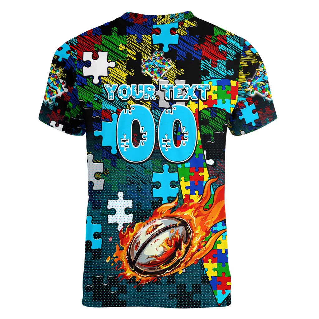 Sharks Autism Awareness Women V-Neck T-Shirt Puzzle Flames Rugby Ball
