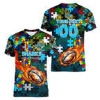 Sharks Autism Awareness Women V-Neck T-Shirt Puzzle Flames Rugby Ball