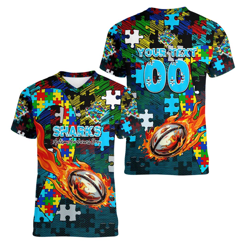 Sharks Autism Awareness Women V-Neck T-Shirt Puzzle Flames Rugby Ball