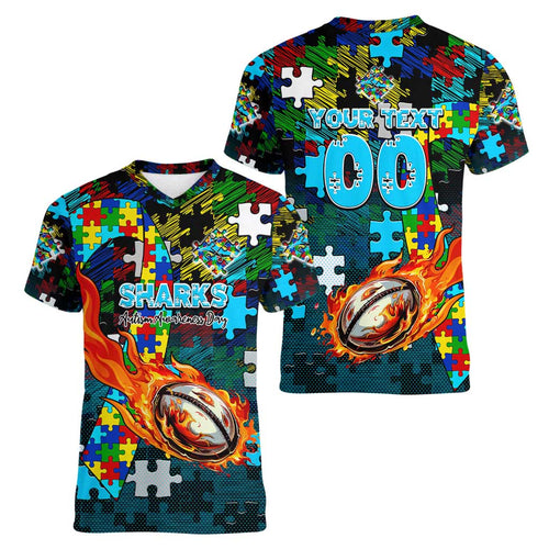Sharks Autism Awareness Women V-Neck T-Shirt Puzzle Flames Rugby Ball