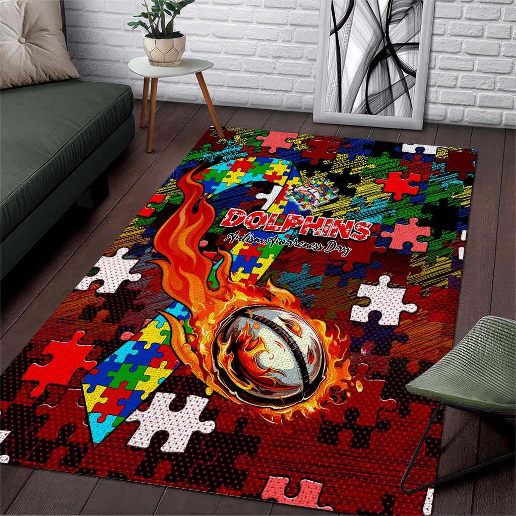 Dolphins Autism Awareness Area Rug Puzzle Flames Rugby Ball