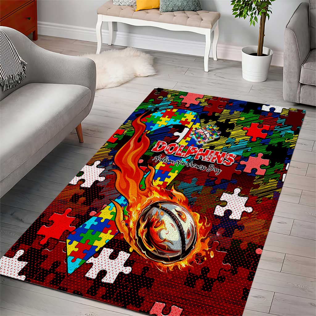Dolphins Autism Awareness Area Rug Puzzle Flames Rugby Ball